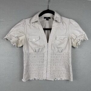 Byer California Womens Y2K Pinstripe Smocked Waist Blouse Beige Gold Metallic S